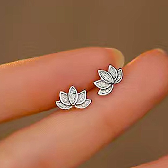 Sterling Silver Lotus Flower Stud Minimalist Earrings - Picture 2 of 6